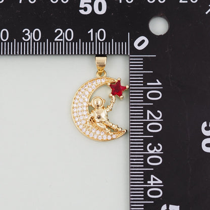 Gold Moon Charms,18K Gold Filled CZ Moon Astronaut Pendant,Celestial Charm Bracelet Necklace for DIY Jewelry Making Supply