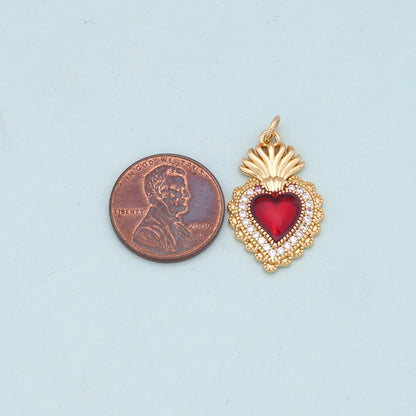 Gold Red sacred Heart Charms,18K Gold Filled flame sacred heart Pendant,Religious Charm Bracelet Necklace for DIY Jewelry Mak