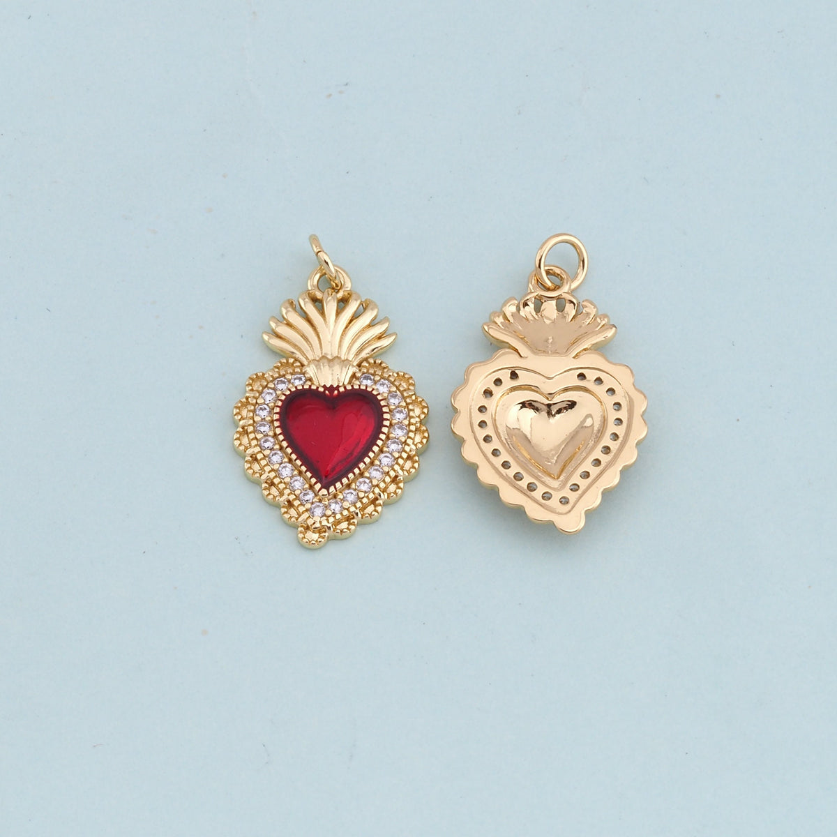 Gold Red sacred Heart Charms,18K Gold Filled flame sacred heart Pendant,Religious Charm Bracelet Necklace for DIY Jewelry Mak