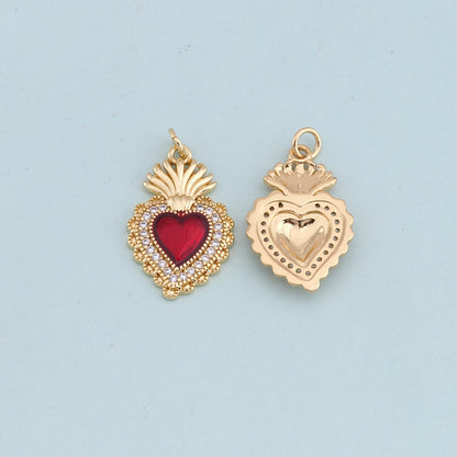 Gold Red sacred Heart Charms,18K Gold Filled flame sacred heart Pendant,Religious Charm Bracelet Necklace for DIY Jewelry Mak