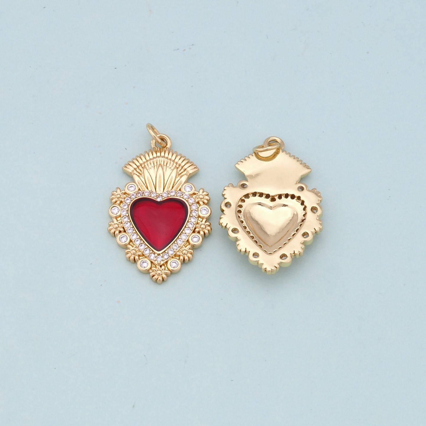 Gold Red sacred Heart Charms,18K Gold Filled flame sacred heart Pendant,Religious Charm Bracelet Necklace for DIY Jewelry Making Supply