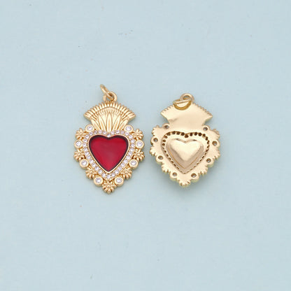 Gold Red sacred Heart Charms,18K Gold Filled flame sacred heart Pendant,Religious Charm Bracelet Necklace for DIY Jewelry Making Supply