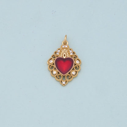 Gold Red sacred Heart Charms,18K Gold Filled flame sacred heart Pendant,Religious Charm Bracelet Necklace for DIY Jewelry Mak