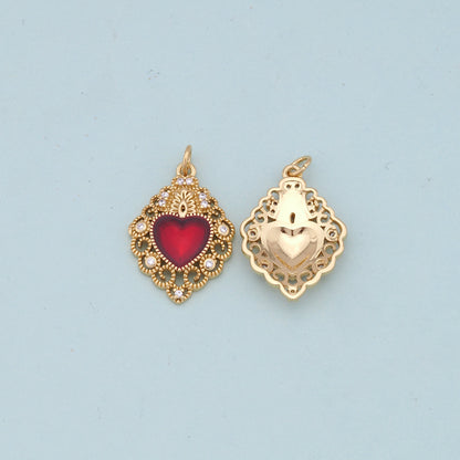 Gold Red sacred Heart Charms,18K Gold Filled flame sacred heart Pendant,Religious Charm Bracelet Necklace for DIY Jewelry Mak