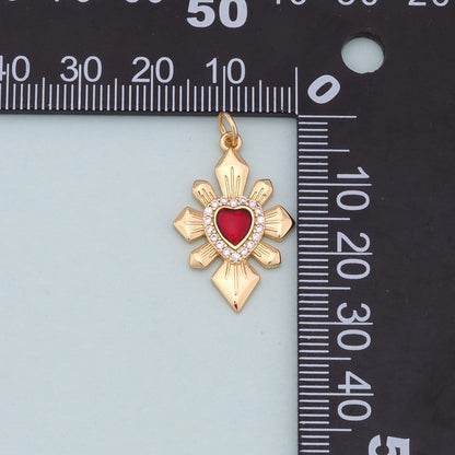 Gold Red sacred Heart Charms,18K Gold Filled flame sacred heart Pendant,Religious Charm Bracelet Necklace for DIY Jewelry Mak