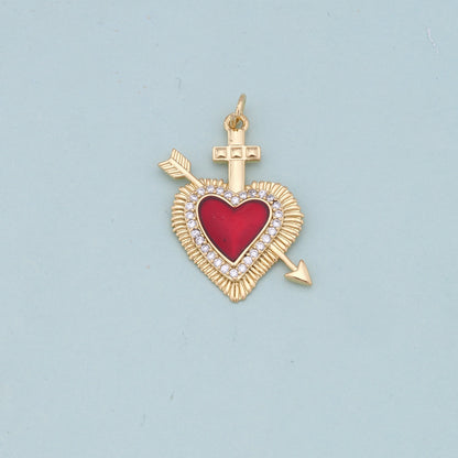 Gold Red sacred Heart Charms,18K Gold Filled flame sacred heart Pendant,Religious Charm Bracelet Necklace for DIY Jewelry Mak