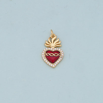 Gold Red sacred Heart Charms,18K Gold Filled flame sacred heart Pendant,Religious Charm Bracelet Necklace for DIY Jewelry Mak