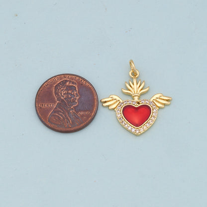 Gold Wings Charms,18K Gold Filled flame Red sacred heart Pendant,Religious Charm Bracelet Necklace for DIY Jewelry Making Supply