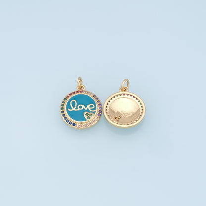 Gold LOVE Charms,18K Gold Filled CZ Love Pendant,Round Charms Bracelet Necklace for DIY Jewelry Making Supply
