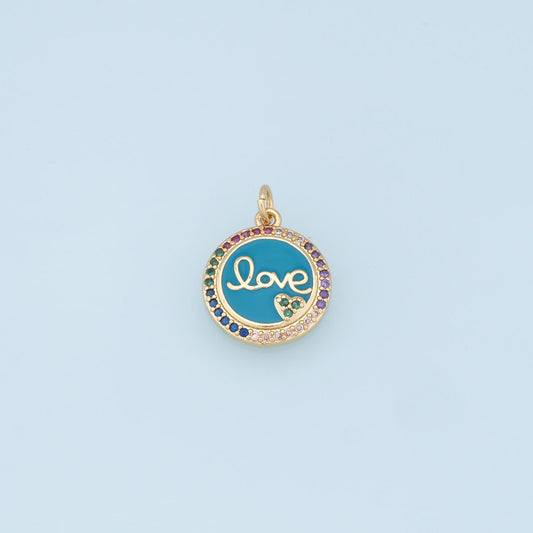 Gold LOVE Charms,18K Gold Filled CZ Love Pendant,Round Charms Bracelet Necklace for DIY Jewelry Making Supply