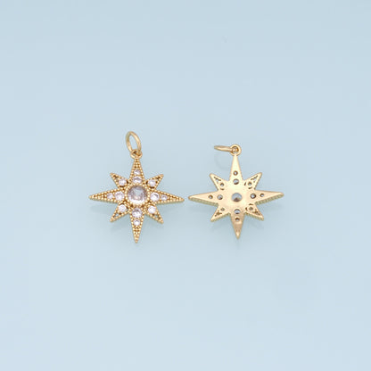 Gold Star Charms,18K Gold Filled Starburst Pendant,CZ North Star Charm Bracelet Necklace for DIY Jewelry Making Supply