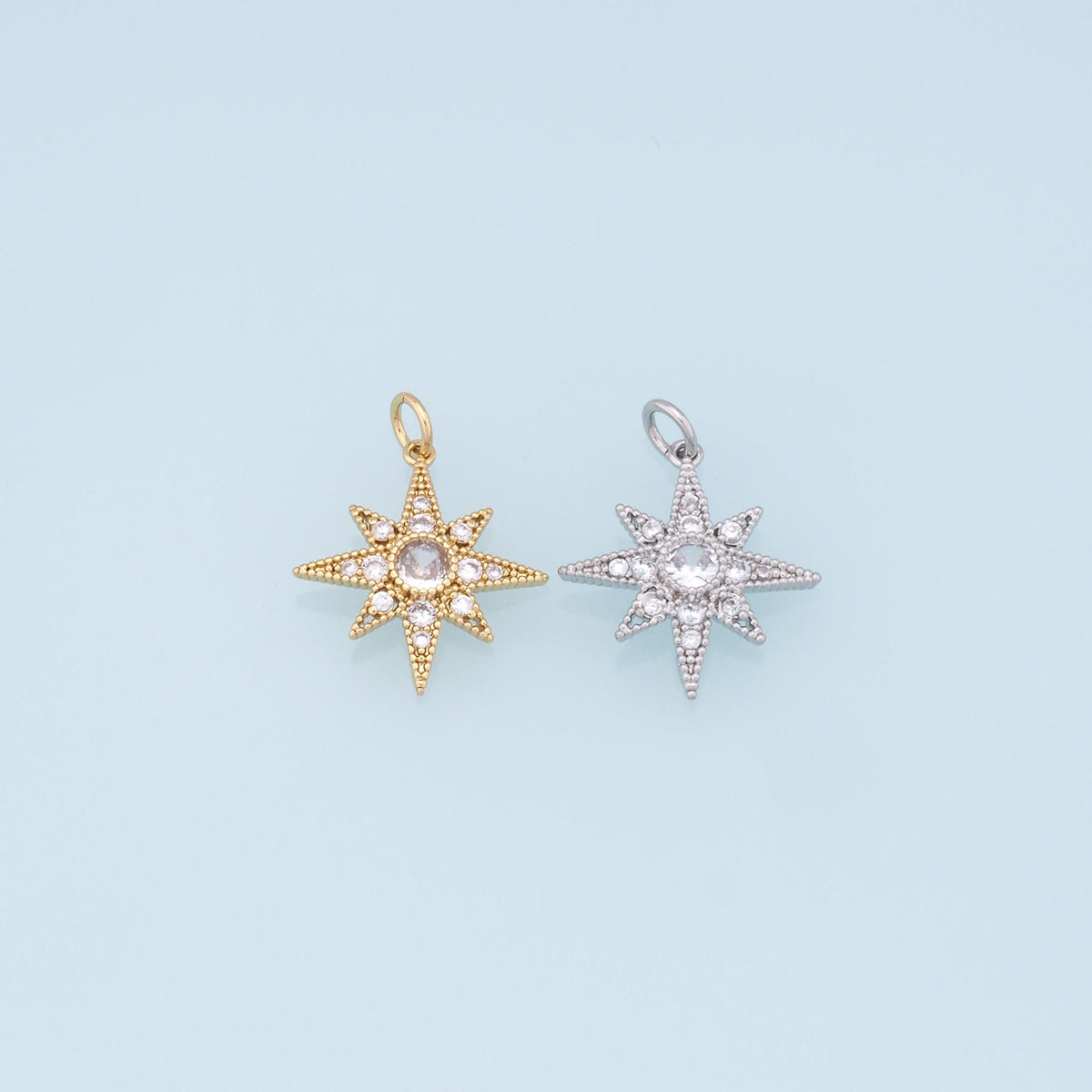 Gold Star Charms,18K Gold Filled Starburst Pendant,CZ North Star Charm Bracelet Necklace for DIY Jewelry Making Supply