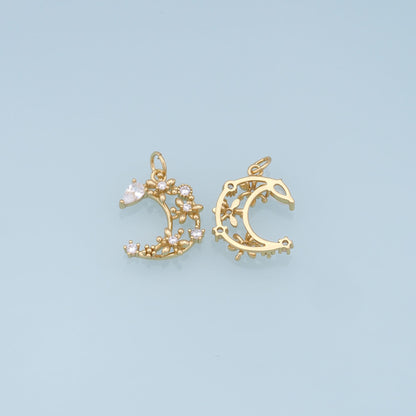 Gold Moon Star Charms,18K Gold Filled CZ Moon Pendant,Celestial Charm Bracelet Necklace for DIY Jewelry Making Supply