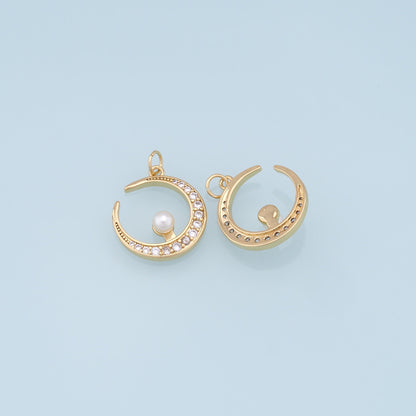 Gold Moon Charms,18K Gold Filled Pearl Moon Pendant,CZ Micro Pave Celestial Charm Bracelet Necklace for DIY Jewelry Making Supply