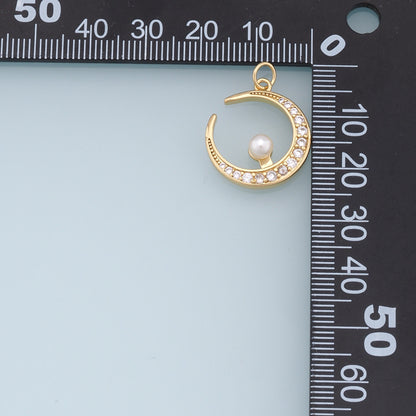 Gold Moon Charms,18K Gold Filled Pearl Moon Pendant,CZ Micro Pave Celestial Charm Bracelet Necklace for DIY Jewelry Making Supply