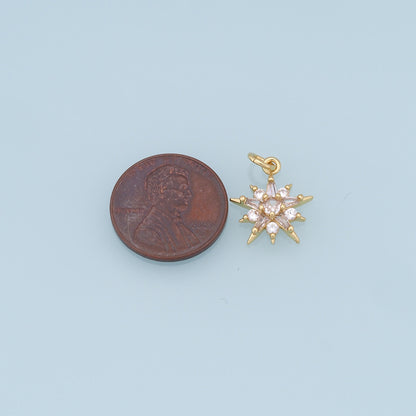 Gold Star Charms,18K Gold Filled Starburst Pendant,CZ North Star Charm Bracelet Necklace for DIY Jewelry Making Supply