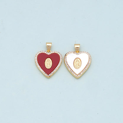 Gold Heart Our Lady Charms,18K Gold Filled Heart Pendant,Red shell Heart Virgin Mary Charm Bracelet Necklace for DIY Jewelry Making Supply
