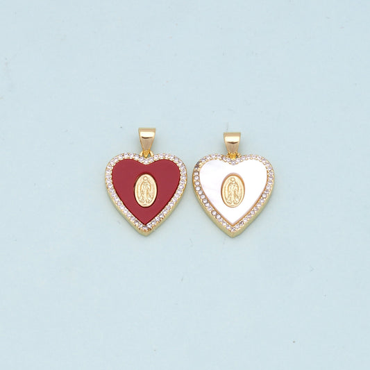 Gold Heart Our Lady Charms,18K Gold Filled Heart Pendant,Red shell Heart Virgin Mary Charm Bracelet Necklace for DIY Jewelry Making Supply