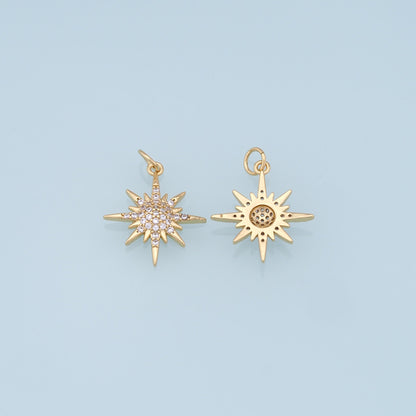 Gold Star Charms,18K Gold Filled Starburst Pendant,CZ North Star Charm Bracelet Necklace for DIY Jewelry Making Supply