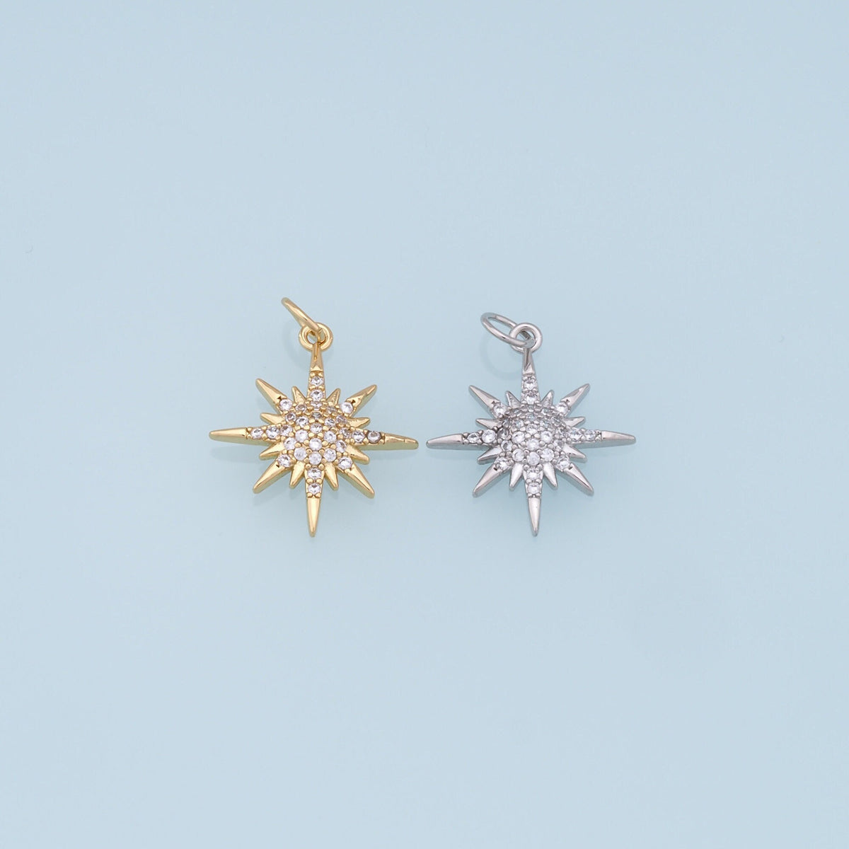 Gold Star Charms,18K Gold Filled Starburst Pendant,CZ North Star Charm Bracelet Necklace for DIY Jewelry Making Supply