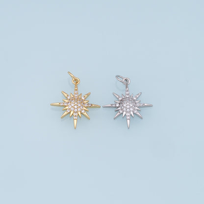 Gold Star Charms,18K Gold Filled Starburst Pendant,CZ North Star Charm Bracelet Necklace for DIY Jewelry Making Supply
