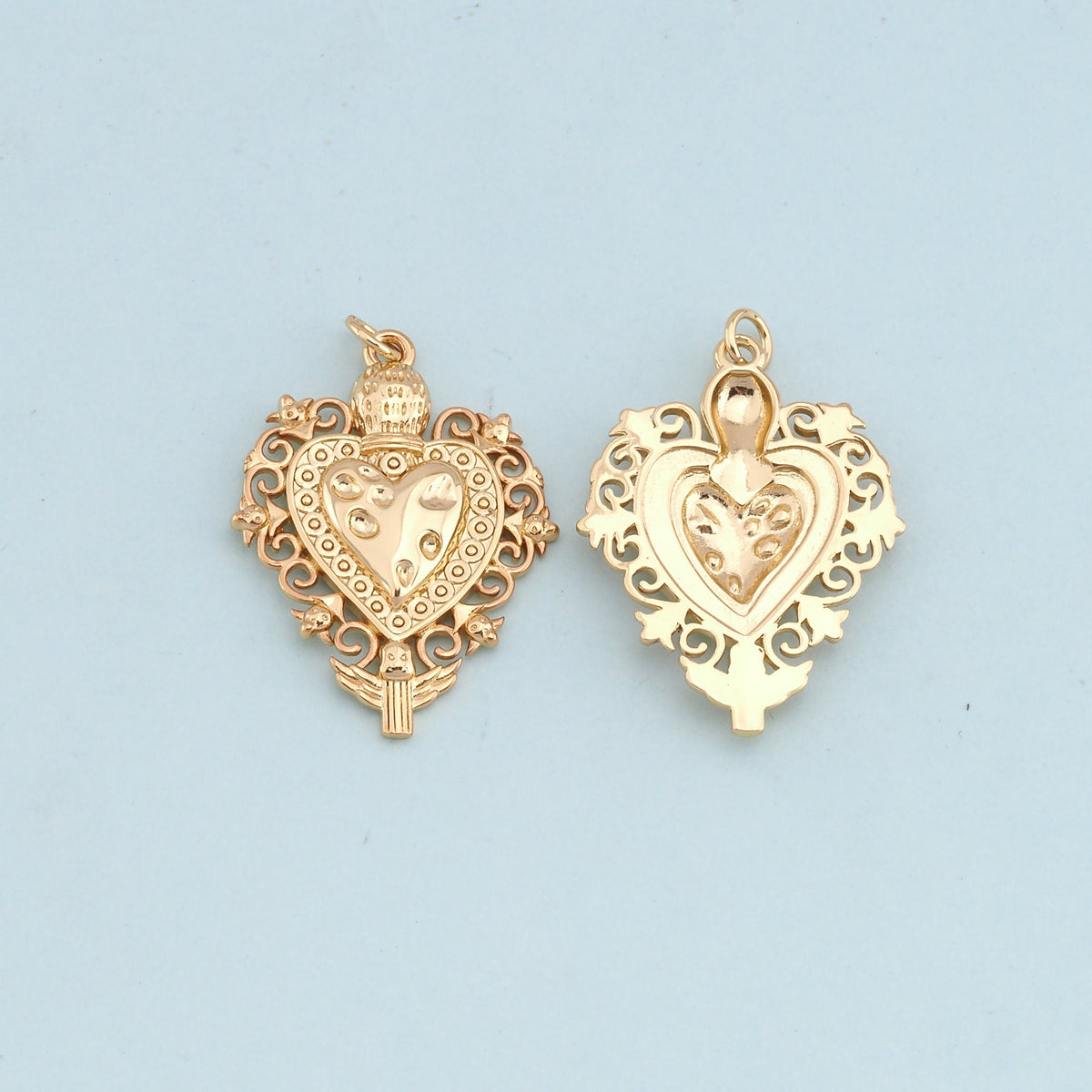 Gold sacred Heart Charms,18K Gold Filled flame sacred heart Pendant,Religious Charm Bracelet Necklace for DIY Jewelry Making 