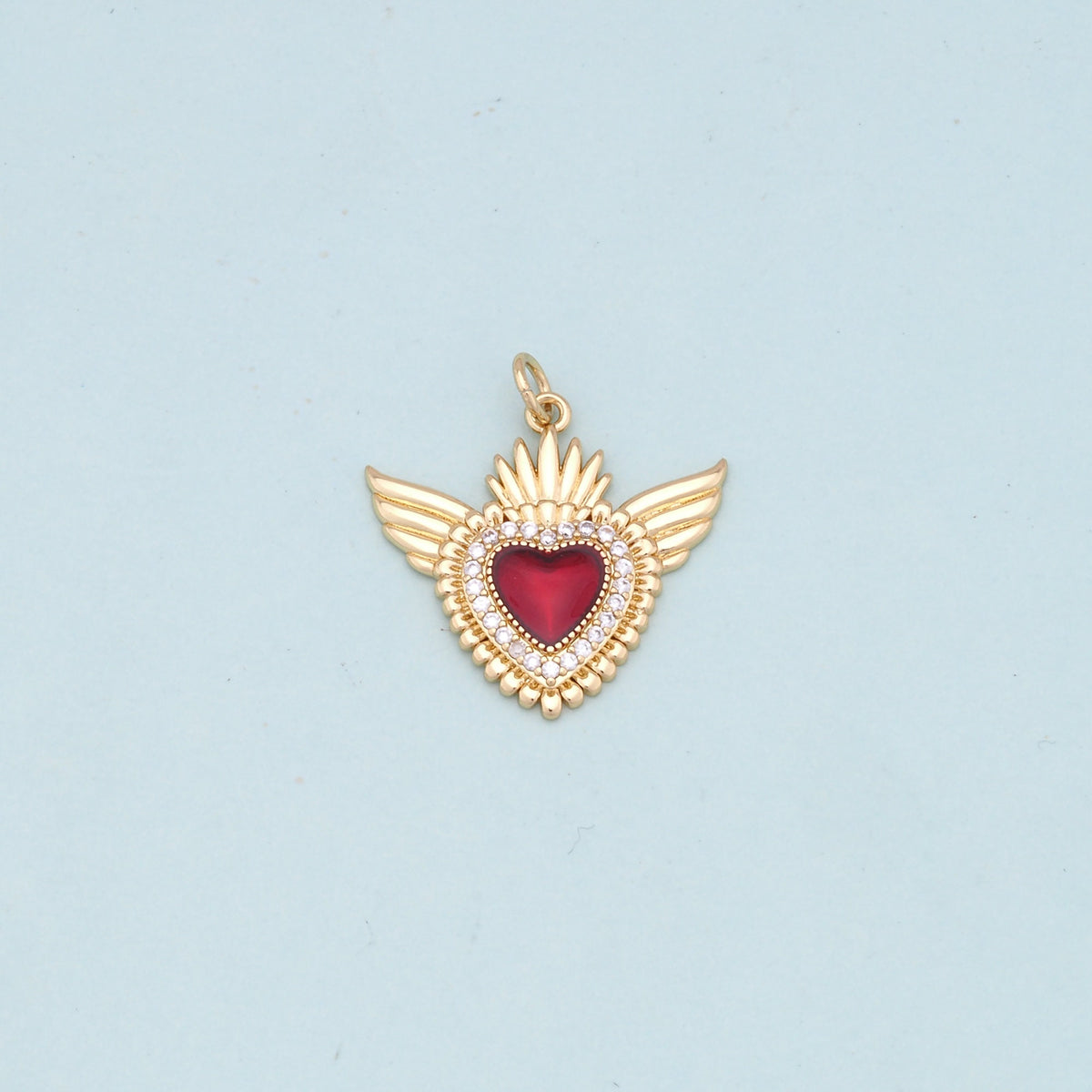 Gold Wings Charms,18K Gold Filled flame Red sacred heart Pendant,Religious Charm Bracelet Necklace for DIY Jewelry Making Sup