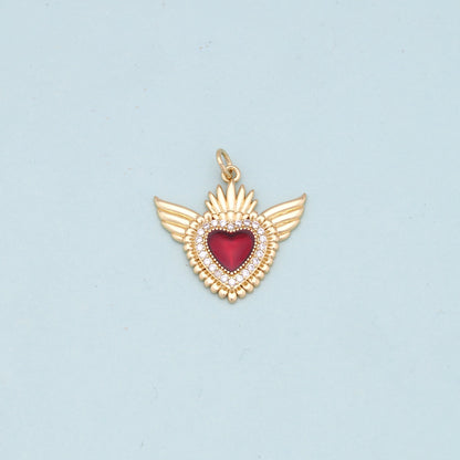Gold Wings Charms,18K Gold Filled flame Red sacred heart Pendant,Religious Charm Bracelet Necklace for DIY Jewelry Making Sup