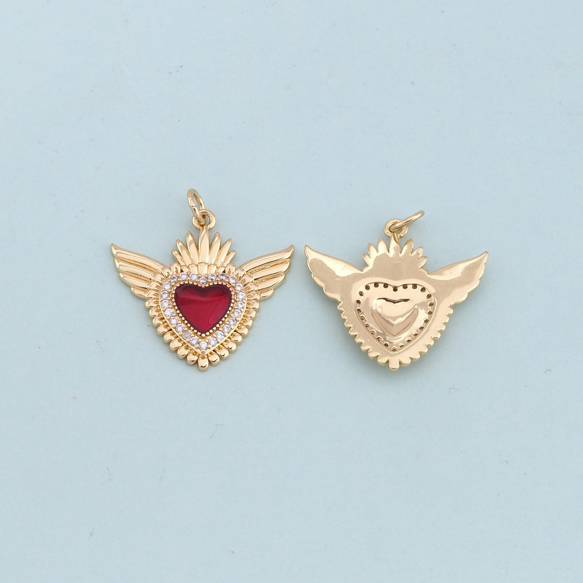 Gold Wings Charms,18K Gold Filled flame Red sacred heart Pendant,Religious Charm Bracelet Necklace for DIY Jewelry Making Sup