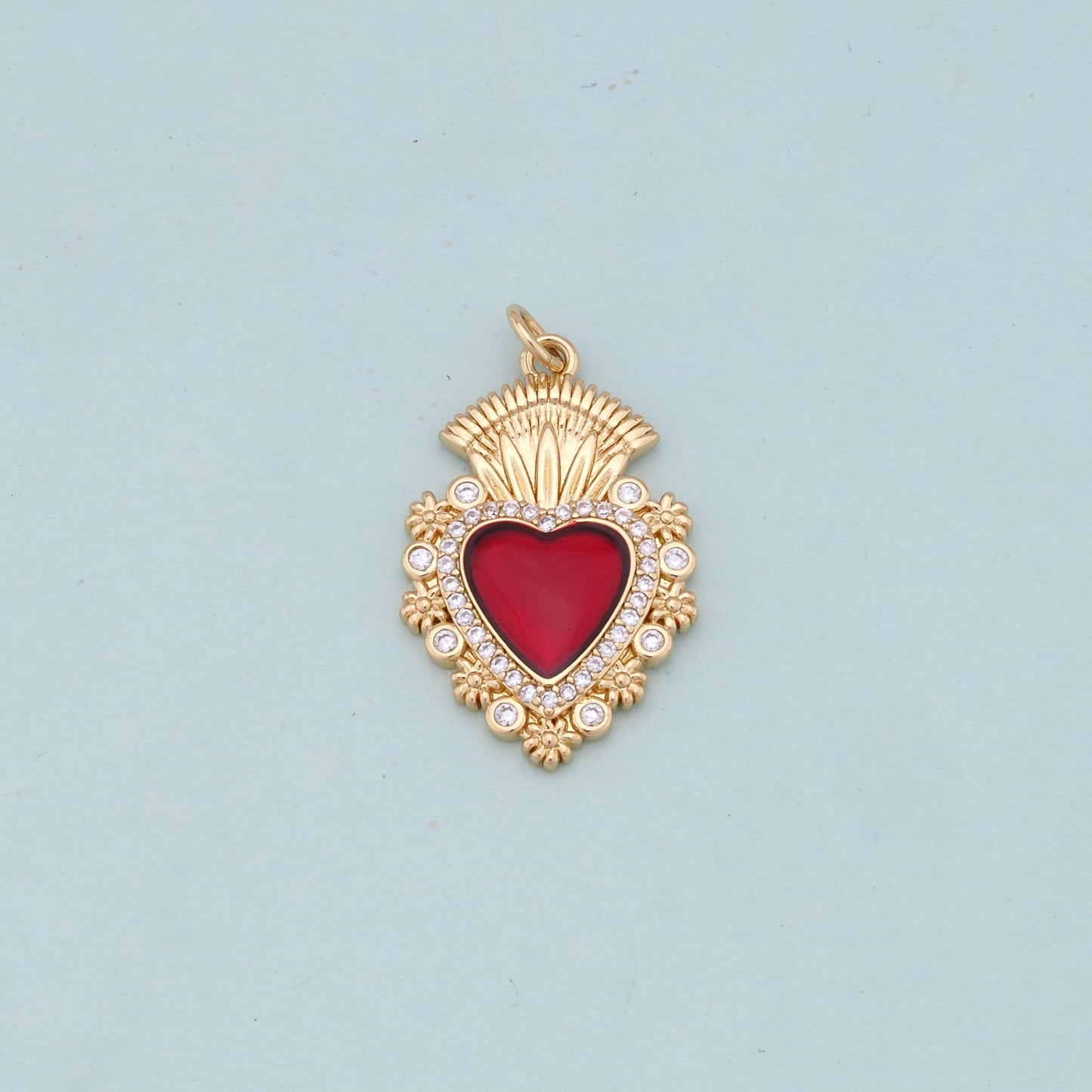 Gold Red sacred Heart Charms,18K Gold Filled flame sacred heart Pendant,Religious Charm Bracelet Necklace for DIY Jewelry Making Supply