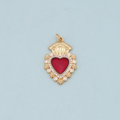 Gold Red sacred Heart Charms,18K Gold Filled flame sacred heart Pendant,Religious Charm Bracelet Necklace for DIY Jewelry Making Supply