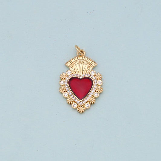 Gold Red sacred Heart Charms,18K Gold Filled flame sacred heart Pendant,Religious Charm Bracelet Necklace for DIY Jewelry Making Supply