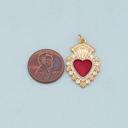 Gold Red sacred Heart Charms,18K Gold Filled flame sacred heart Pendant,Religious Charm Bracelet Necklace for DIY Jewelry Making Supply
