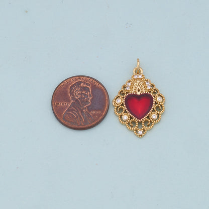 Gold Red sacred Heart Charms,18K Gold Filled flame sacred heart Pendant,Religious Charm Bracelet Necklace for DIY Jewelry Mak