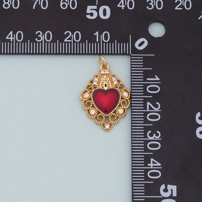Gold Red sacred Heart Charms,18K Gold Filled flame sacred heart Pendant,Religious Charm Bracelet Necklace for DIY Jewelry Mak