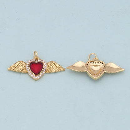 Gold Wings Charms,18K Gold Filled flame Red sacred heart Pendant,Religious Charm Bracelet Necklace for DIY Jewelry Making Sup