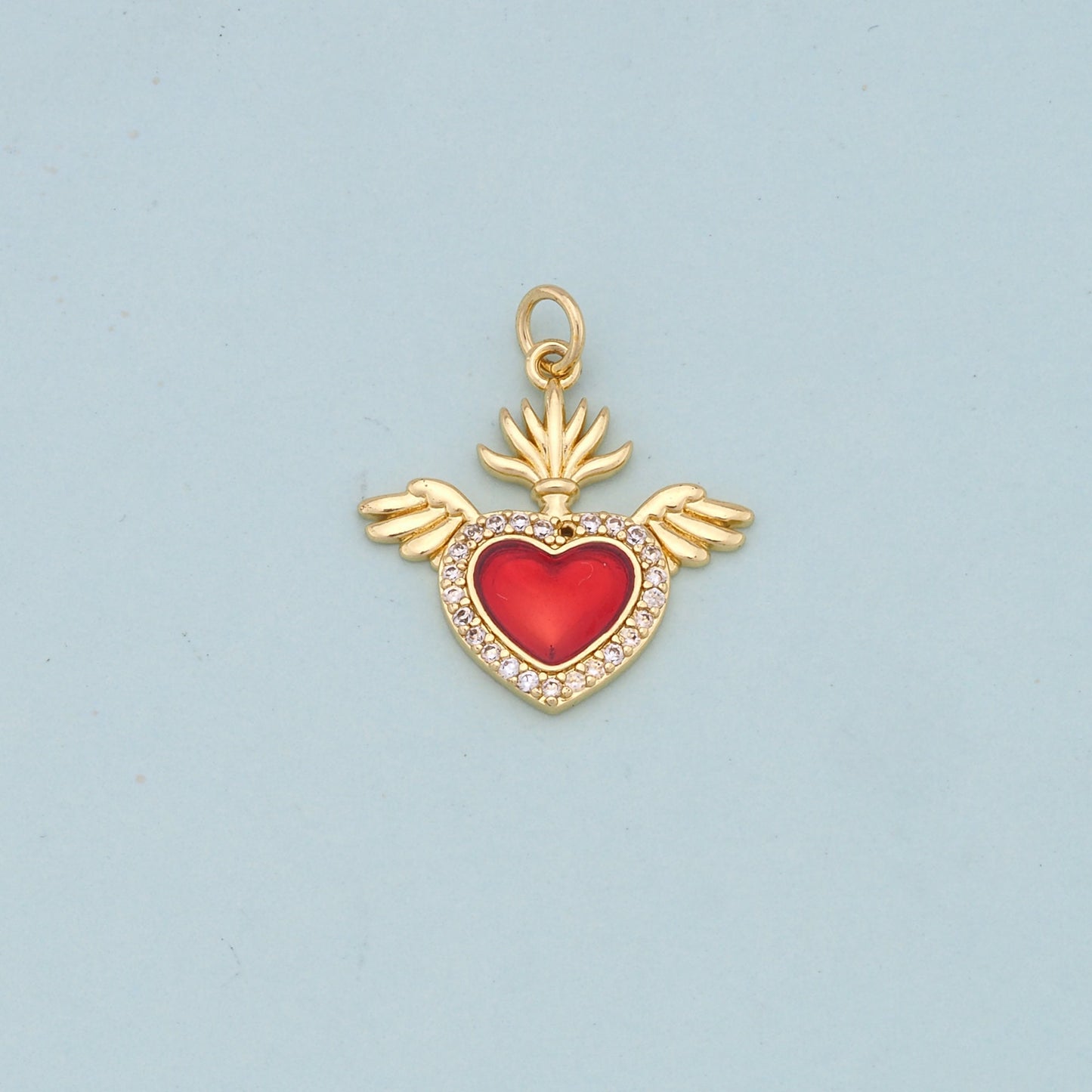 Gold Wings Charms,18K Gold Filled flame Red sacred heart Pendant,Religious Charm Bracelet Necklace for DIY Jewelry Making Supply