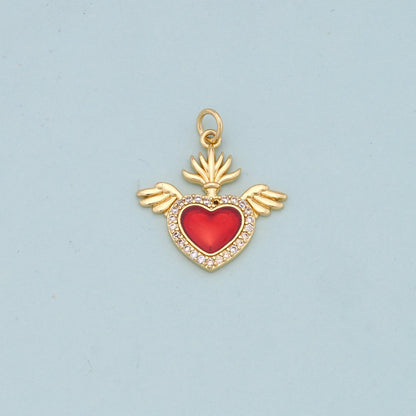 Gold Wings Charms,18K Gold Filled flame Red sacred heart Pendant,Religious Charm Bracelet Necklace for DIY Jewelry Making Supply