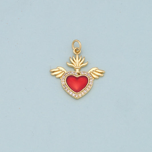 Gold Wings Charms,18K Gold Filled flame Red sacred heart Pendant,Religious Charm Bracelet Necklace for DIY Jewelry Making Supply