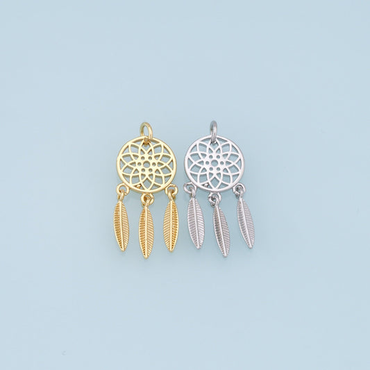 Gold dreamcatcher tassel Charms, 18K Gold Filled semicircle Pendant,Flowers Charm Bracelet Necklace for DIY Jewelry Making Supply