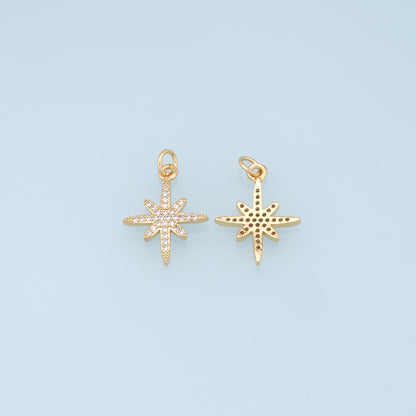 Gold Star Charms,18K Gold Filled Starburst Pendant,CZ North Star Charm Bracelet Necklace for DIY Jewelry Making Supply