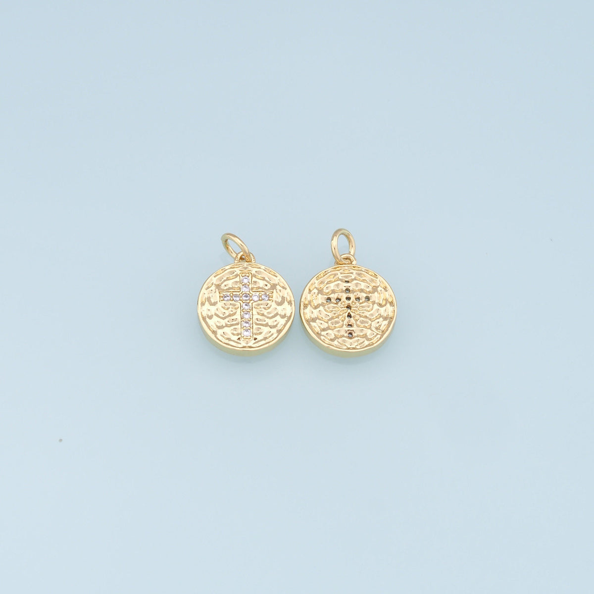 Gold Cross Charms,18K Gold Filled Round Coin Cross Pendant,CZ Micro Pave Religious Charm Bracelet Necklace for DIY Jewelry Ma