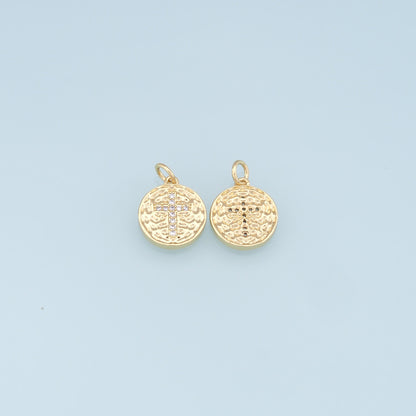 Gold Cross Charms,18K Gold Filled Round Coin Cross Pendant,CZ Micro Pave Religious Charm Bracelet Necklace for DIY Jewelry Ma