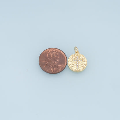 Gold Cross Charms,18K Gold Filled Round Coin Cross Pendant,CZ Micro Pave Religious Charm Bracelet Necklace for DIY Jewelry Ma