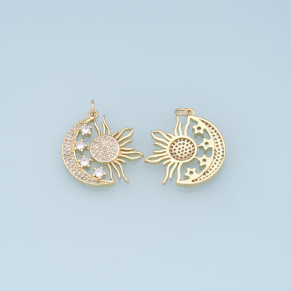 Gold Moon Star Charms,18K Gold Filled CZ Sun Pendant,Celestial Charm Bracelet Necklace for DIY Jewelry Making Supply