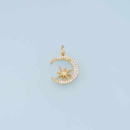 Gold Moon Star Charms,18K Gold Filled CZ Moon Pendant,Celestial Charm Bracelet Necklace for DIY Jewelry Making Supply