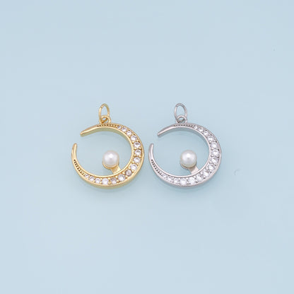 Gold Moon Charms,18K Gold Filled Pearl Moon Pendant,CZ Micro Pave Celestial Charm Bracelet Necklace for DIY Jewelry Making Supply