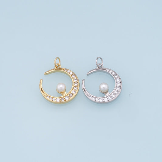 Gold Moon Charms,18K Gold Filled Pearl Moon Pendant,CZ Micro Pave Celestial Charm Bracelet Necklace for DIY Jewelry Making Supply