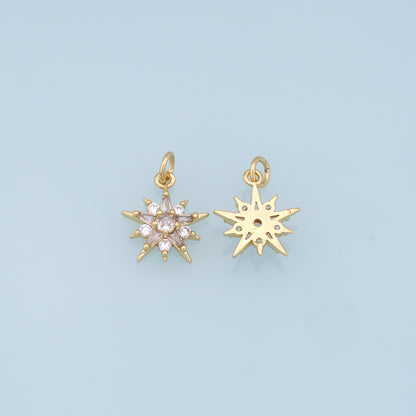 Gold Star Charms,18K Gold Filled Starburst Pendant,CZ North Star Charm Bracelet Necklace for DIY Jewelry Making Supply