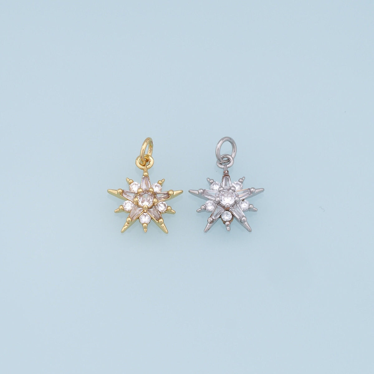 Gold Star Charms,18K Gold Filled Starburst Pendant,CZ North Star Charm Bracelet Necklace for DIY Jewelry Making Supply